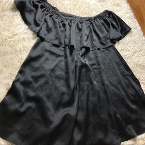 Boohoo Satin Frill Off the Shoulder Shift Dress